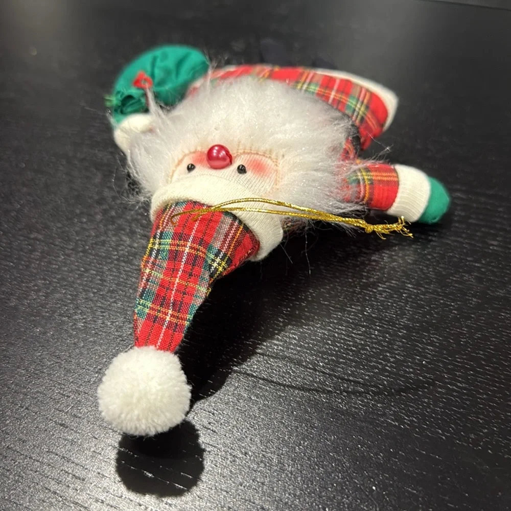 Vintage Plush Ornament Plaid Santa Claus Holiday Tree Decoration Decor